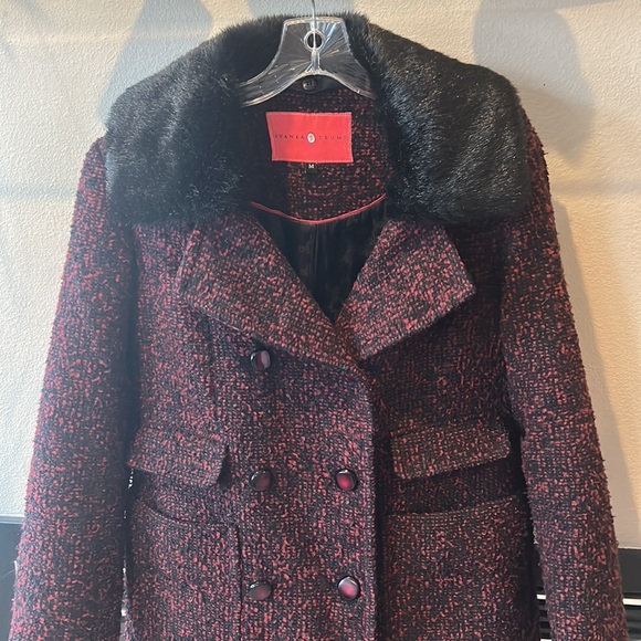 Ivanka Trump Wool Coat red & black w/removable black faux fur collar Womens M - Picture 3 of 12